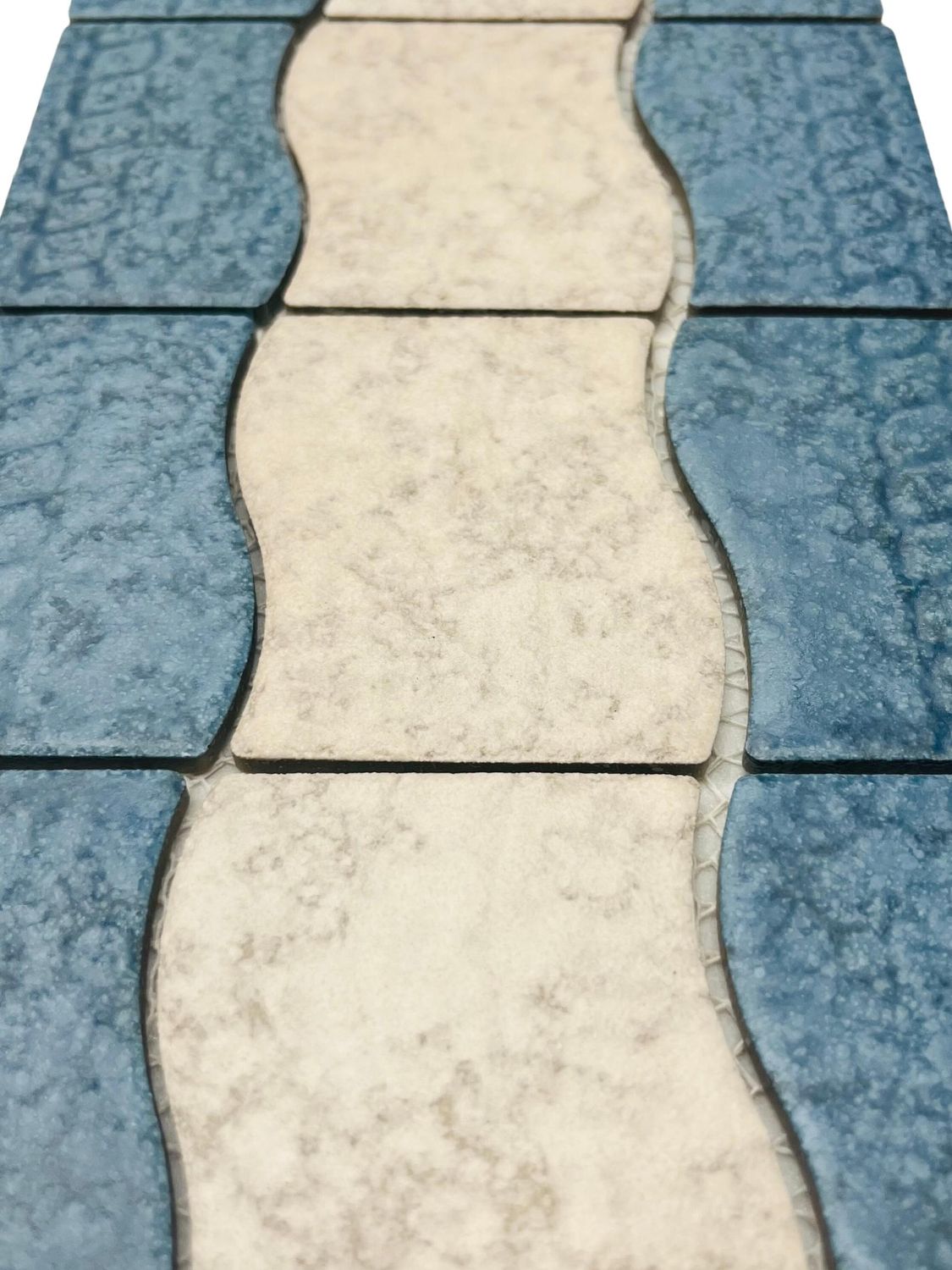 Wavy Almond and Blue Matte Porcelain Border Pool Wall and Floor Tile on 6x12 Mesh Mounted for Easy Installation for Bathroom, Backsplash, Kitchen