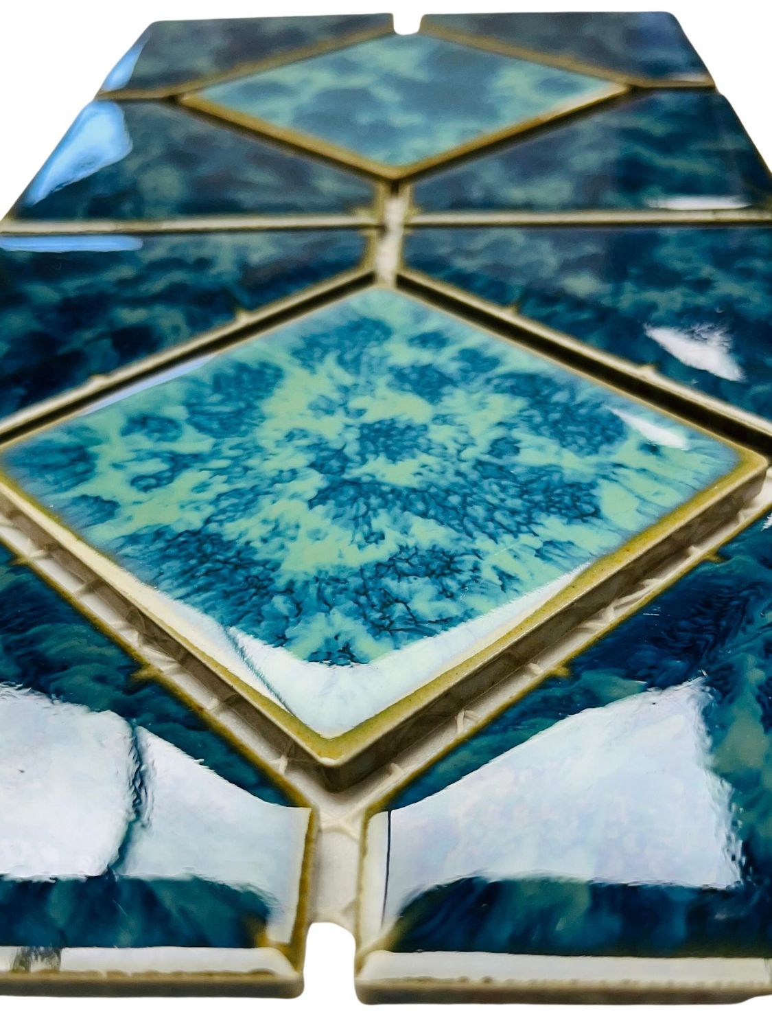 Aquarium Green Bluish Diamond Porcelain Lineup Border Pool Wall Tile on 6x12 Mesh for Easy Installation, for Bathroom Wall, Backsplash