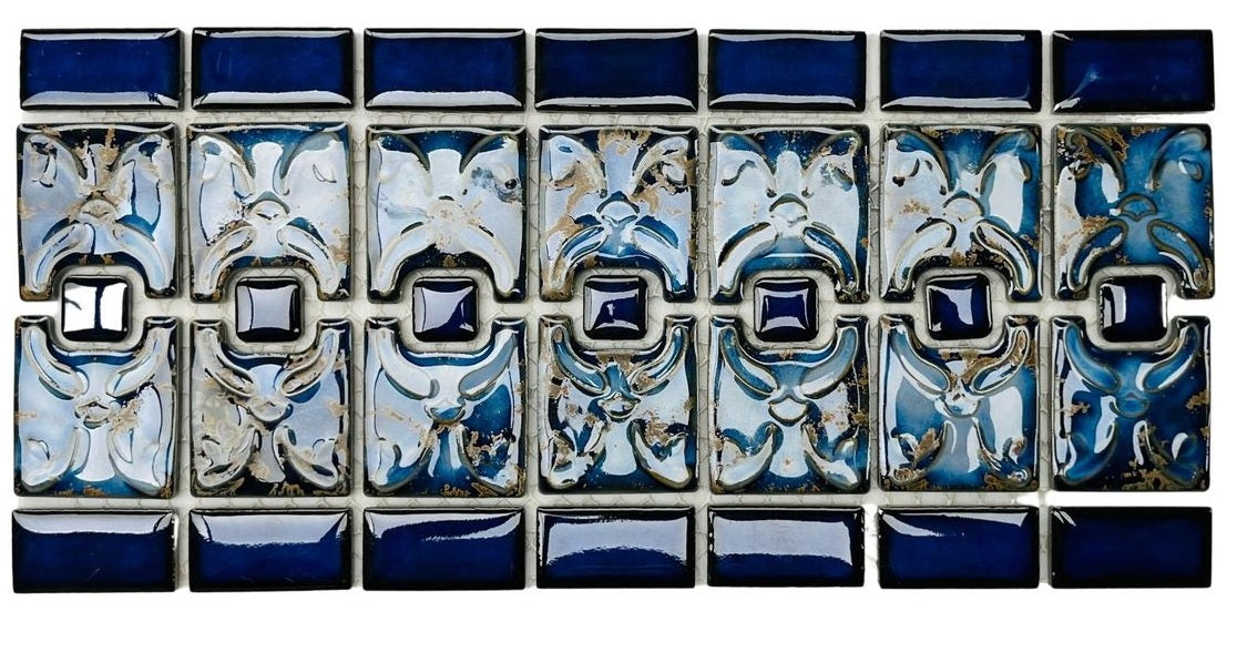 Tenedos Florencia Calacatta Blue Glossy Porcelain Border Pool Wall Floor Tile Backsplash on 6x12 Mesh Mounted Easy Installation for Bathroom, Shower Backsplash, Kitchen, Accent Wall