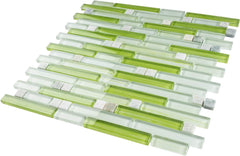 TNLQG-04 Apple Green Glass Stripe Floral Mosaic Wall Tile -Kitchen and Bath backsplash