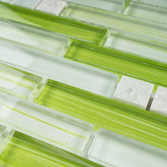 TNLQG-04 Apple Green Glass Stripe Floral Mosaic Wall Tile -Kitchen and Bath backsplash