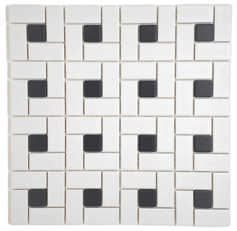 Tenedos Spiral Pattern Unglazed Porcelain Pinwheel Mosaic Floor Wall Tile Matte White with Light Black Dots for Bathroom Flooring