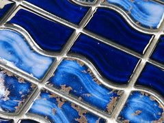Tenedos Wave Sea Cobalt Blue with Calacatta Gold Porcelain Lineup Border Pool Wall Tile on 6x12 Mesh for Easy Installation, for Bathroom Wall, Backsplash