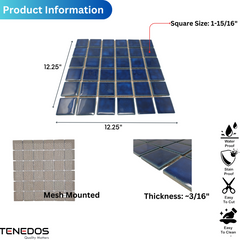 Square Marble Blue Porcelain Mosaic Floor Wall Pool Tile Shiny Look 2x2 (Box of 5.44 Sq Ft)