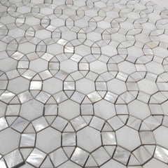 Thassos Hexagon Marble with Mix Circulos Mother of Pearl Tile On Mosaic Sheet