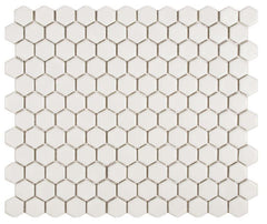 White 1" Hexagon Porcelain Mosaic Floor and Wall Tile on mesh Sheet for Kitchen Backsplash, Bathroom, Accent Wall