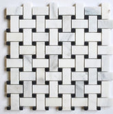 Carrara Basketweave Mosaic with Black Marble Dots Honed