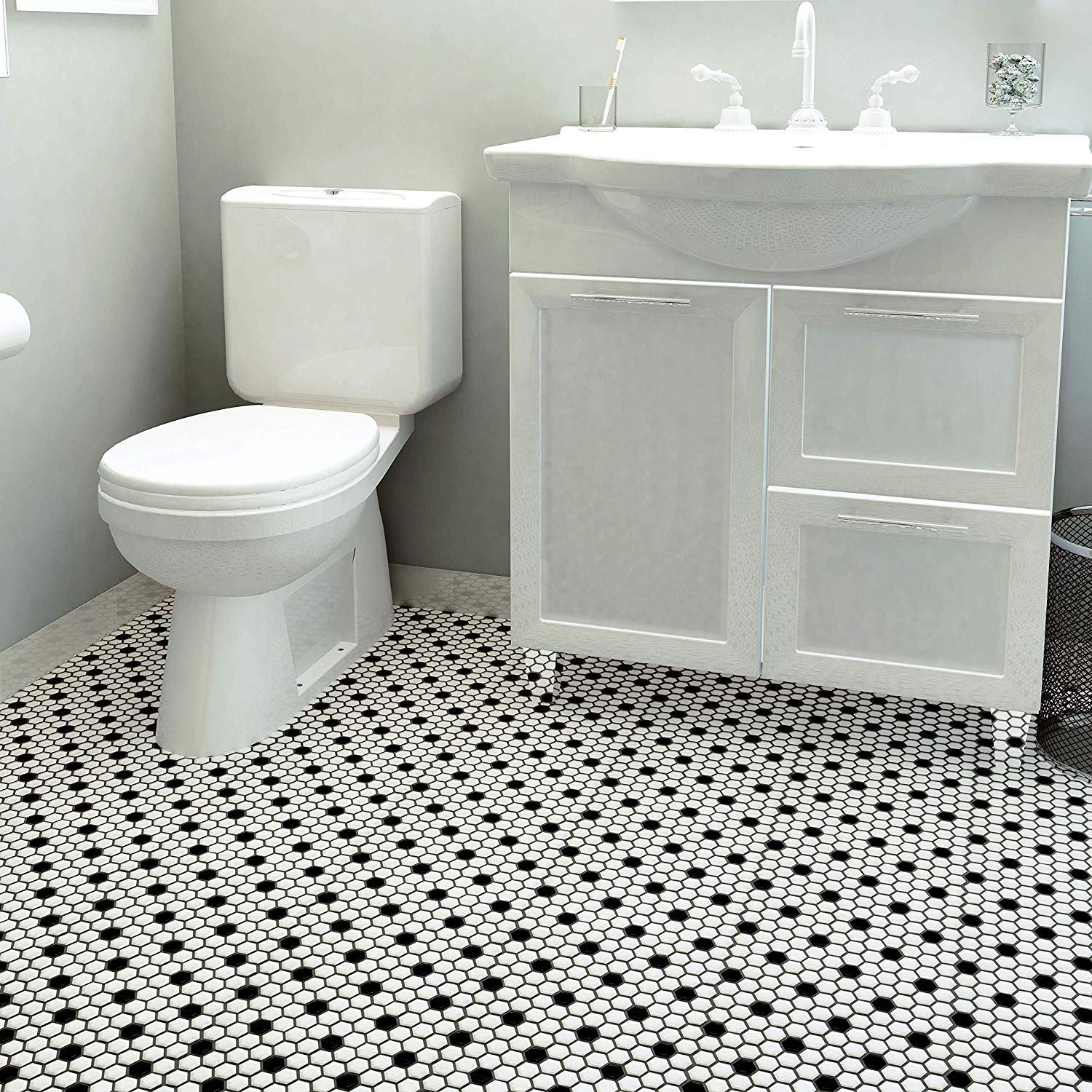 Retro Hex Porcelain Floor and Wall Tile, 10.25" x 11.75", Matte White with Black Dot