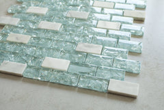 Blue Cleft Glass & Bianco Marble Mosaic Tile - Blue & White 1"x2" Glass Tile for Kitchen Backsplash bathroom Wall