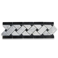 Tenedos Carrara White Marble 4x12 Basketweave Mosaic Border w/Black Dots Polished Border Decor Tile