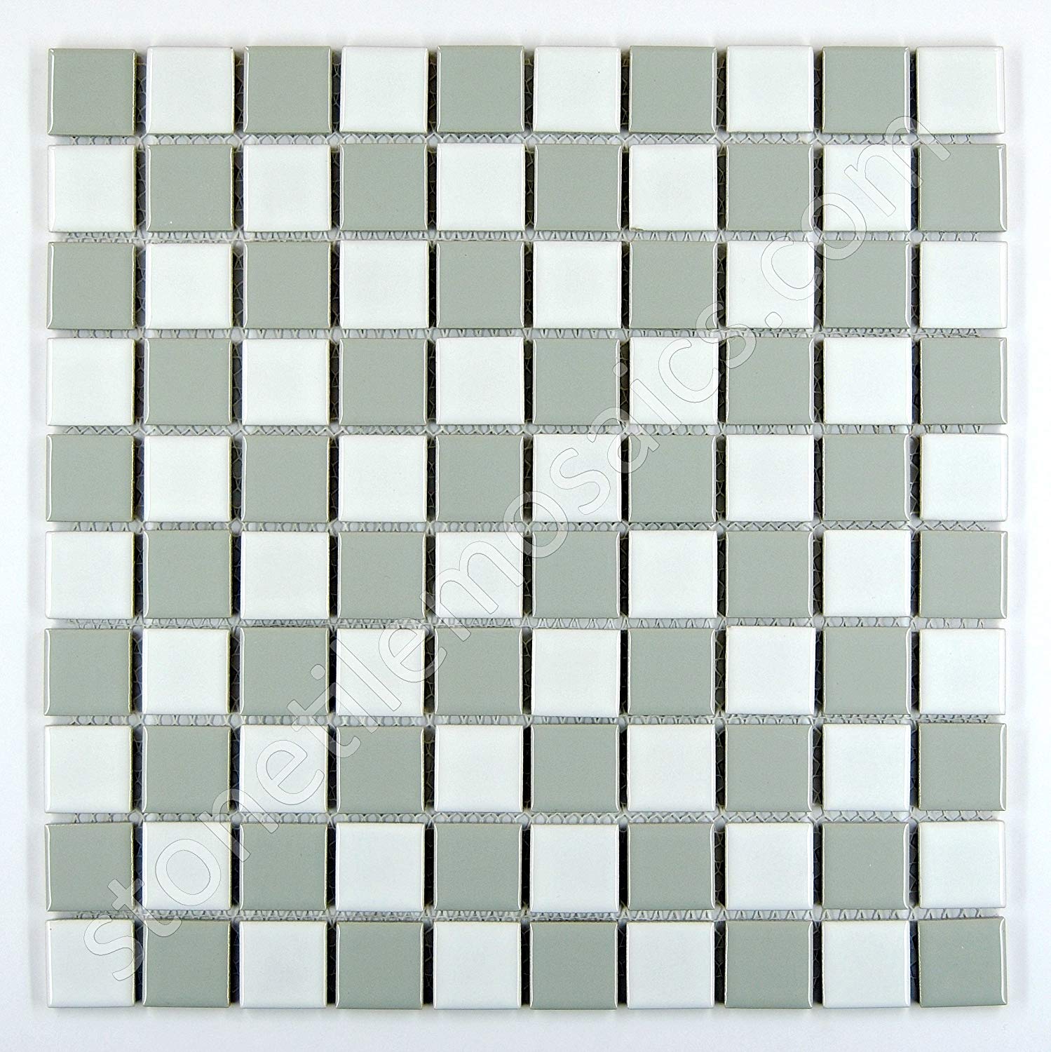 Square Checkered Tile Grey and White Porcelain Mosaic Wall Floor Tile Shiny Look 1-1/8" X 1-1/8"