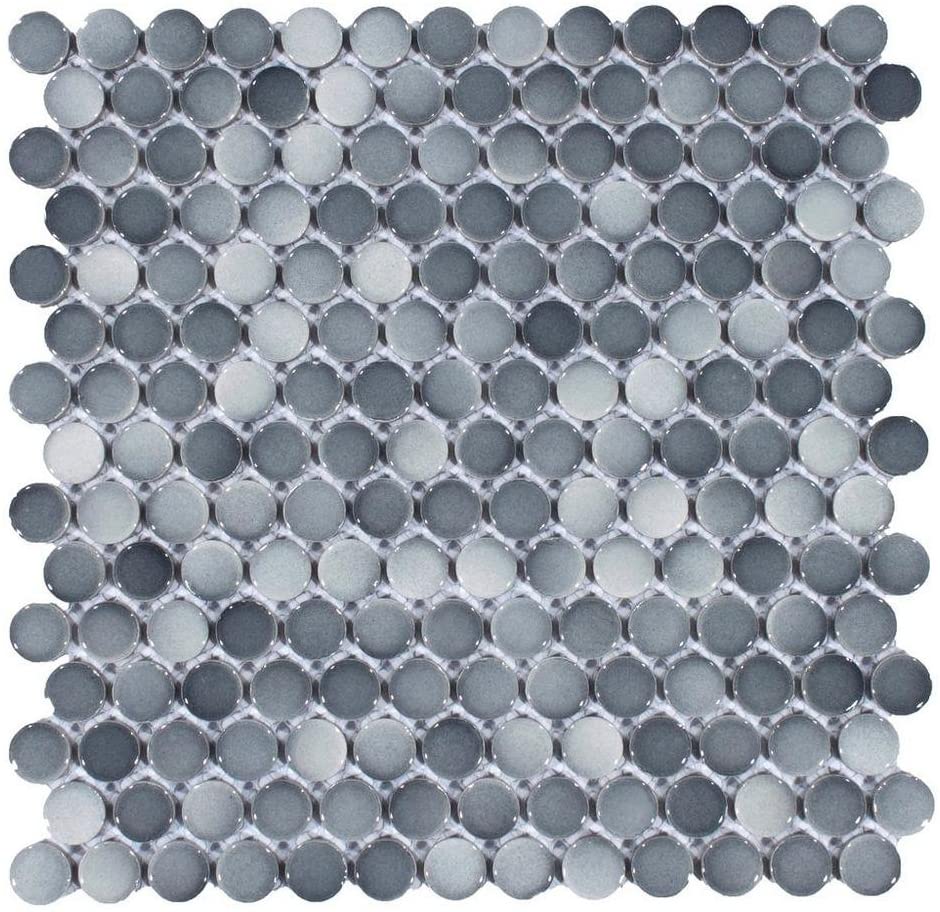 Mix Dark Gray Penny Round Porcelain Mosaic (Box of 15 Sheets), Floor and Wall Tile, Backsplash Tile, Bathroom Tile on Mesh for Easy Installation