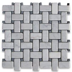 Carrara Marble Italian White Bianco Greyish Basket weave Mosaic Wall Floor Tile with Nero Marquina Black Dots Tumbled