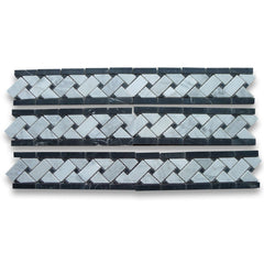 Tenedos Carrara White Marble 4x12 Basketweave Mosaic Border w/Black Dots Polished Border Decor Tile