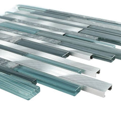 Glossy Blue Glass and Blue Stone Random Brick Straight Pattern Glass Mosaic Tiles