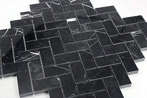 Nero Marquina Black Marble Herringbone Mosaic Tile 1'' x 2'' Polished