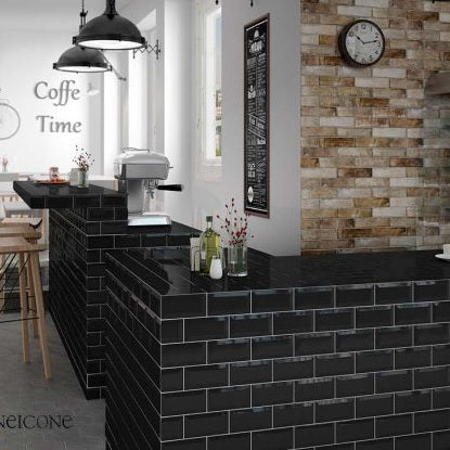 3x6 Black Beveled Ceramic Subway Wall Tile Glossy for Kitchen Backsplash, Kitchen and bathroom walls (10 Sqft)
