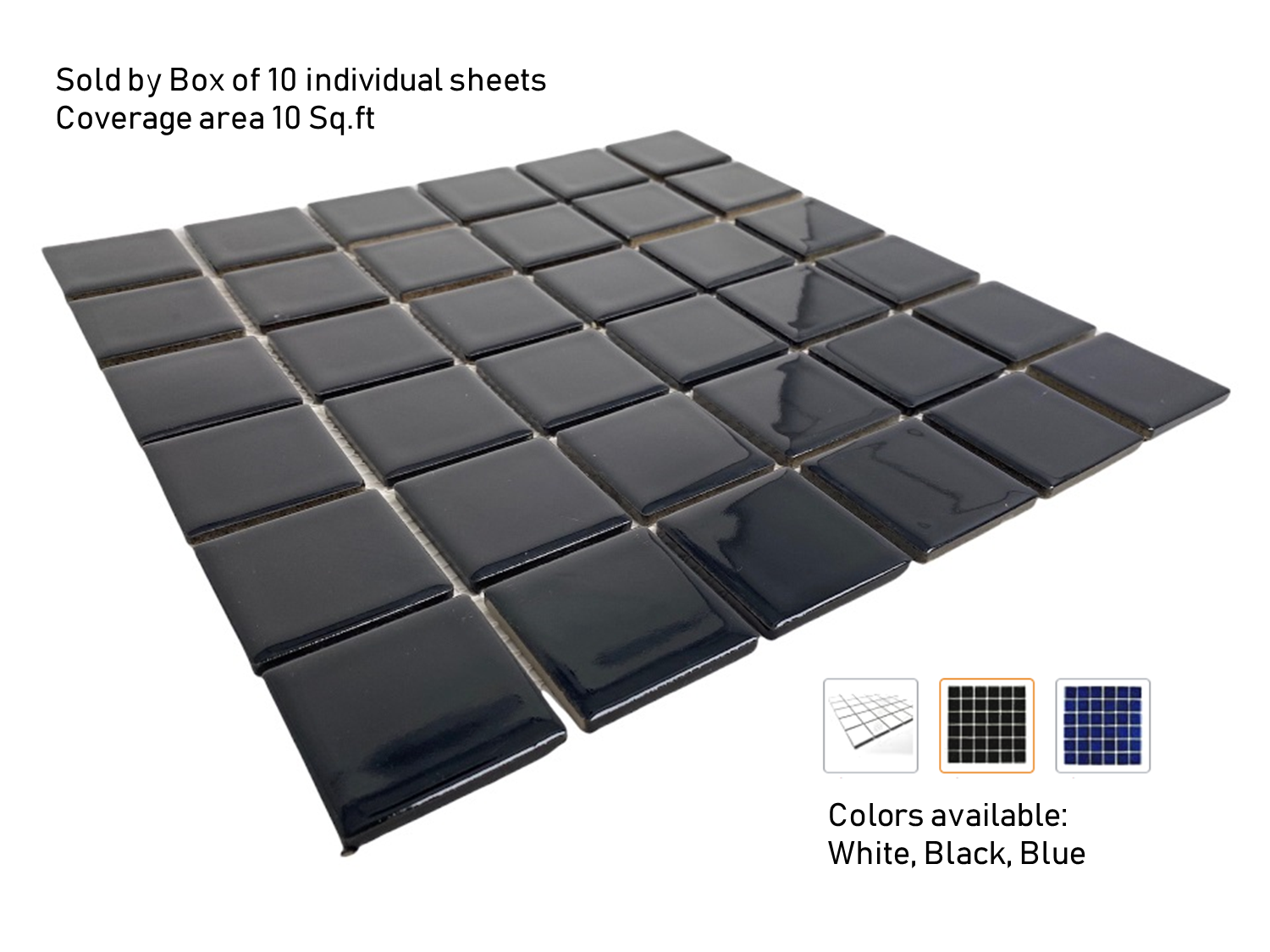Tenedos Premium Quality 2" (Exact Size 1-15/16 in.) Black Porcelain Square Mosaic Tile Shiny Look Designed in Italy (12x12) for Kitchen Backsplash, Pool Tile, Bathroom Wall, Accent Wall