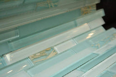 Random Brick Pattern Glass Tile & Resin Tile; Color: Blue Glass Mosaic Tile with Rice Plant Resin Mosaic Tile