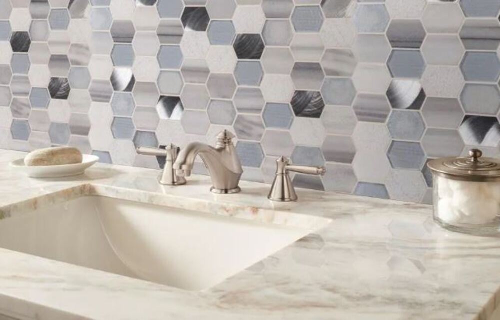 Elongated Hexagon White Grey Silver Multi Textured Glass Stone Metal Mosaic Wall Tile for Kitchen Backsplash, Wall Tile for Bathroom, Shower Wall Tile, Accent Wall