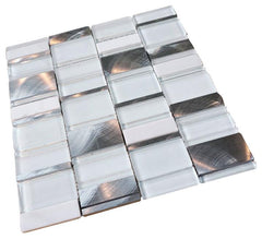 Glossy and Matte White With Aluminum Random Brick Rectangle Pattern Glass Mosaic Tiles