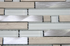 Glossy White & Beige Marble & Silver Aliminum Authentic Glass Mosaic Tiles