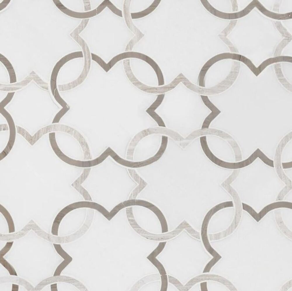 Quattuour Leaf Geometric White with Athens Grey Waterjet Marble Floor and Wall Tile for Bathroom, Kitchen Backsplashes, Accent Wall, Fireplace Surround