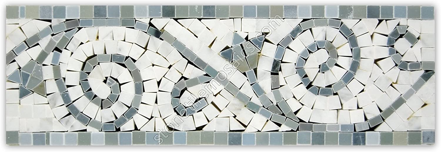 Carrara Marble Italian White Bianco Carrera Flower Mosaic Border Tile Polished (Grey) - Tenedos