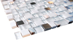 Glossy and Matte White With Aluminum Random Brick Cubes Pattern Glass Mosaic Tiles