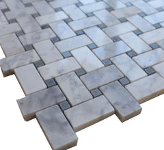 White Carrara Basketweave with Grey Dots for Bathroom and Kitchen Walls, Kitchen Backsplashes by Stone Tile Mosaics - (Tenedos)