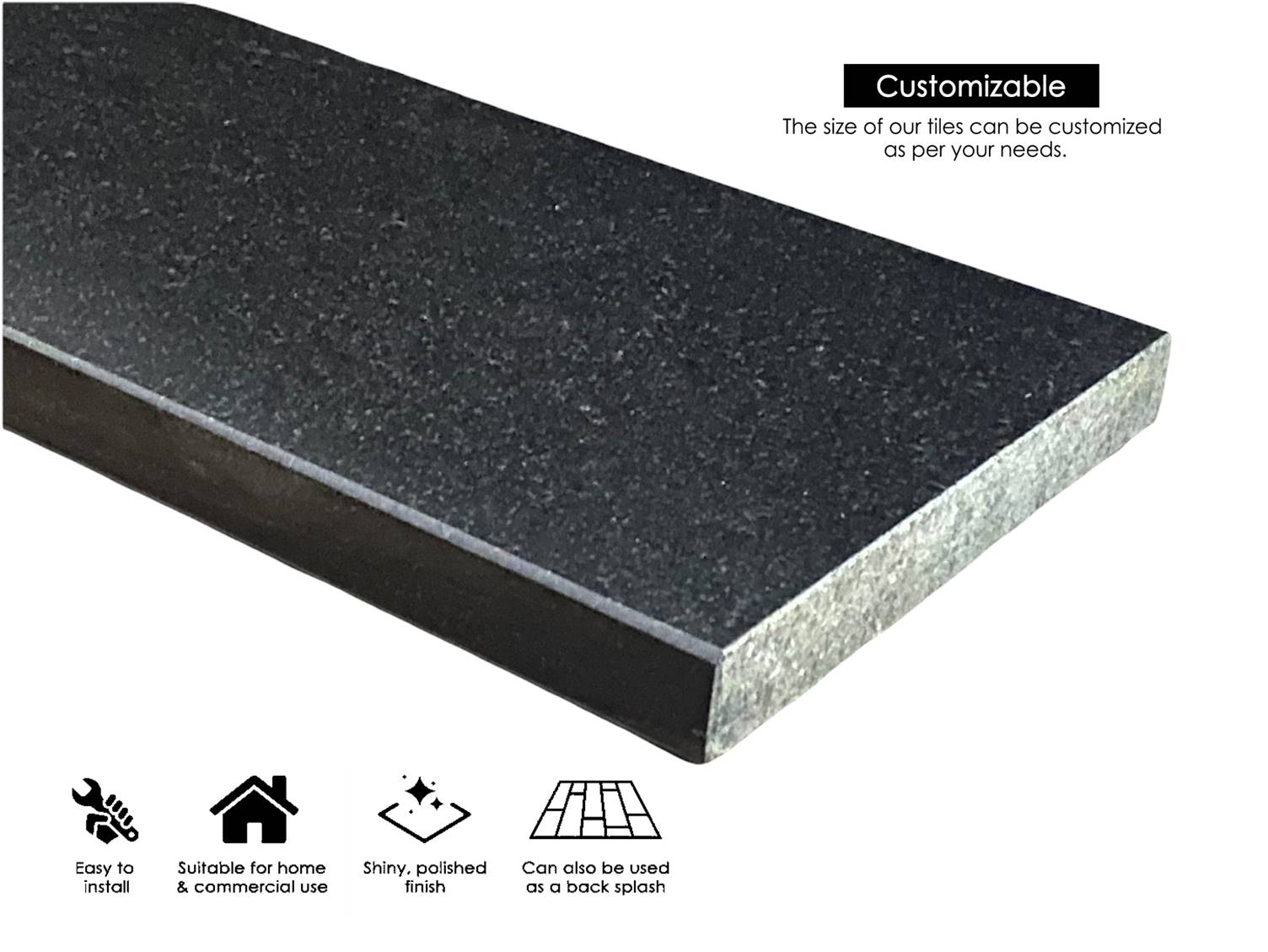 Tenedos Black Absolute Granite Marble Floor Transition Doorway Threshold Tile (Marble Saddle) Polished for Shower Curb, Window Sill, Vanity Backsplash