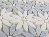 Daisy Flower Pattern Light Celeste Blue Greyish with White Thassos Marble Waterjet Cut Mosaic Floor Wall Tile for Kitchen Backsplash, Bathroom Shower Accent decor