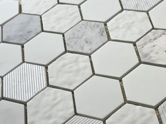 Wimbledon Multi Surface 2 in. Hexagon White and Carrara Marble with Recycled Glass Mosaic Floor and Wall Tile for Backsplash Kitchen, Bathroom, Accent Wall