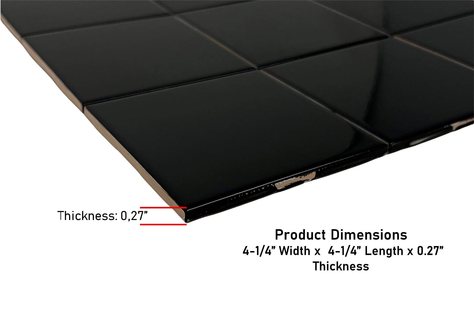 4 in Black Ceramic Tile 4.25 inch Gloss (Shinny) 4 1/4" Box of 10 Piece for Bathroom Wall and Kitchen Backsplash