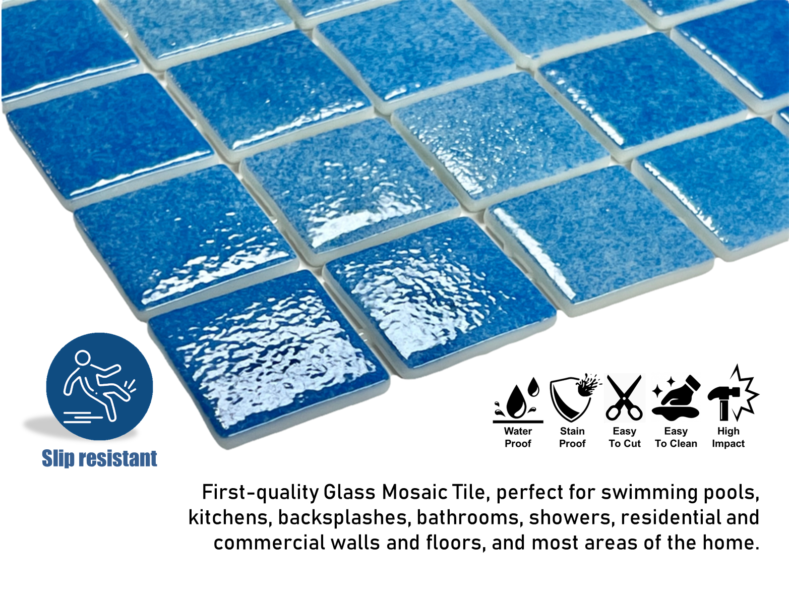 Capri Blue Square 1-1/2 Recycled Glass Wall and Floor Tile for Kitchen Backsplash, Pool Tile, Bathroom Wall, Accent Wall