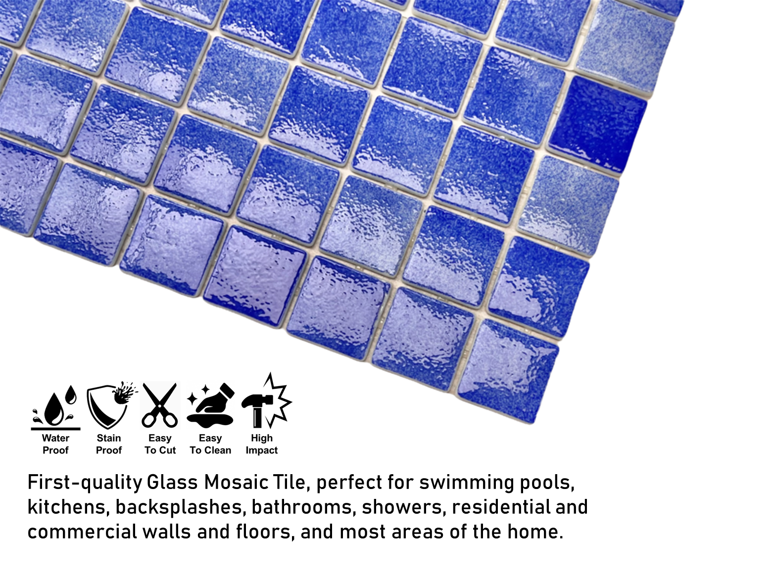 Royal Blue Square 1-1/2 Recycled Glass Wall and Floor Tile for Kitchen Backsplash, Pool Tile, Bathroom Wall, Accent Wall