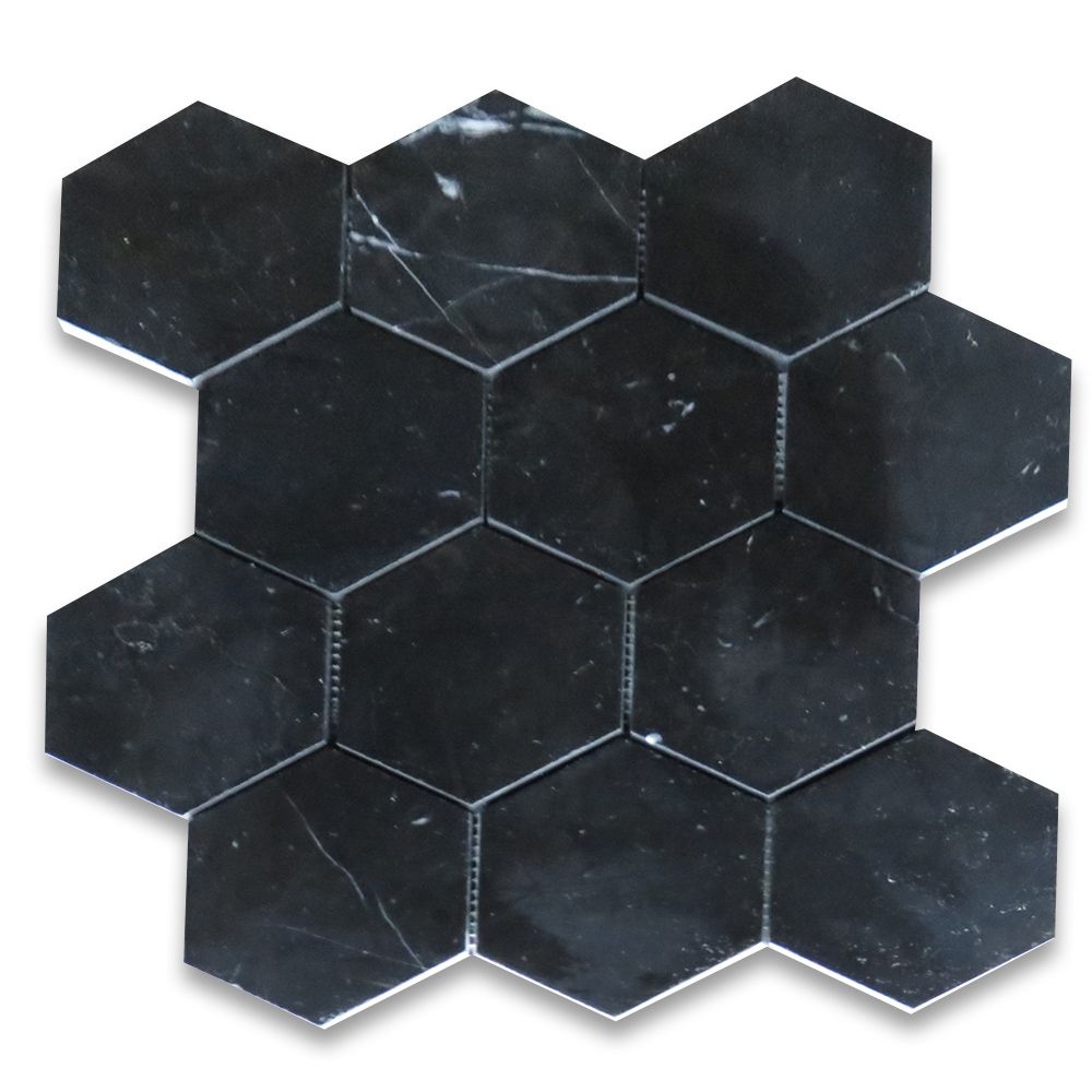 Nero Marquina Black Marble Hexagon Mosaic Floor Wall Tile 4 inch Polished