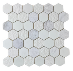 Wimbledon Multi Surface 2 in. Hexagon White and Carrara Marble with Recycled Glass Mosaic Floor and Wall Tile for Backsplash Kitchen, Bathroom, Accent Wall