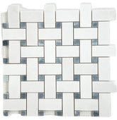 Thassos White Marble 1x2 Basketweave Mosaic Tile with Gray Marble Dots Polished for Floor and Wall