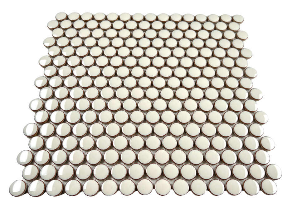 Vanilla Latte Penny Round Glossy Porcelain Mosaic Floor and Wall for Backsplash Tile, Bathroom Tile, Kitchen Backsplash on 12x12 Mesh for Easy Installation