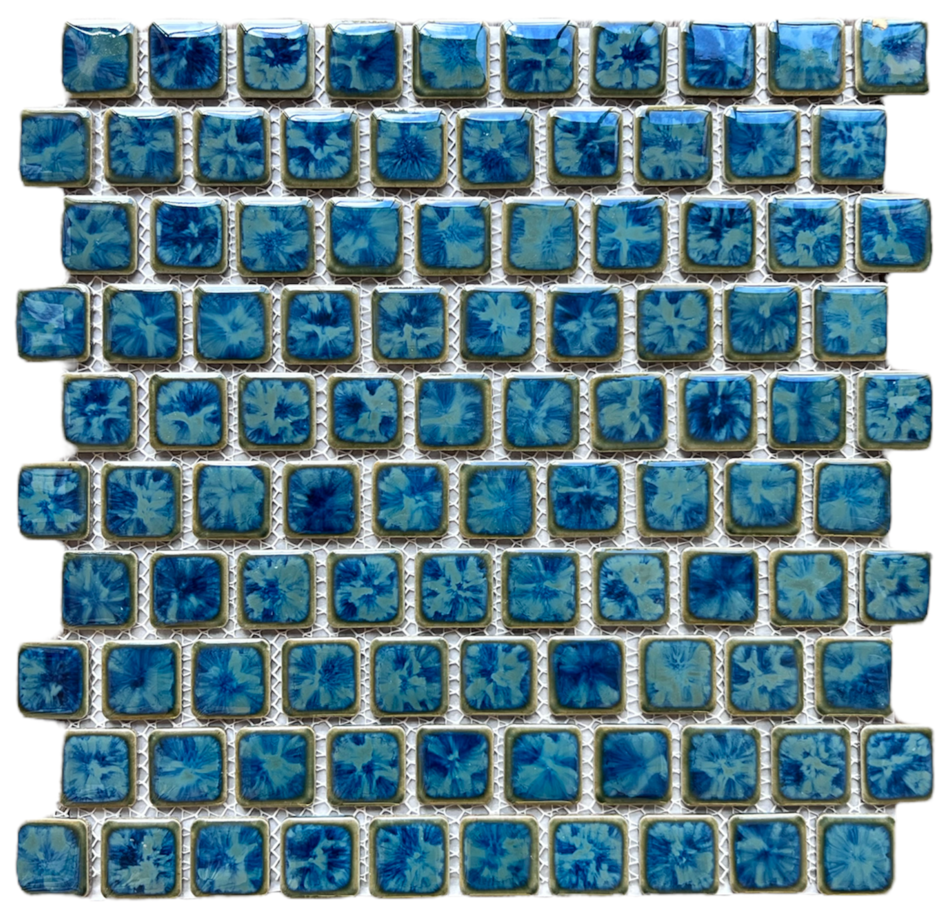 Tenedos Seawater Brick Pattern Blue Greenish and Gold 1x1 staggered Porcelain Pool Mosaic Floor and Wall Tile for Backsplash, Kitchen, Bathroom