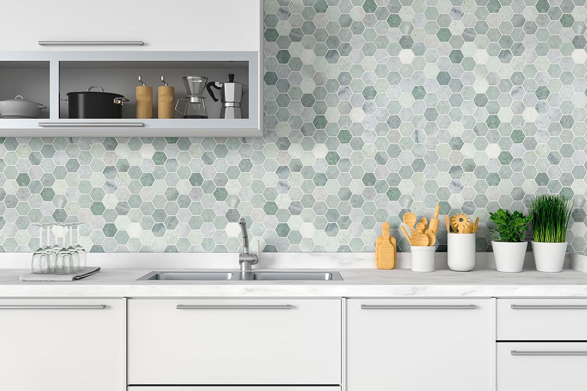 Ming Green 2 Inch Hexagon Polished Marble Mosaic Tile for Floor and Wall Tile, Shower Surrounds, Accent Walls, Kitchen Backsplashes, and Residential Uses