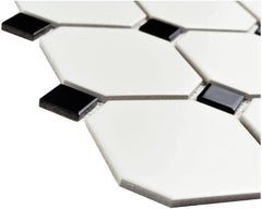 Matte White Octagon Porcelain Accent Panel with Glossy Black Details – Decorative Wall & Floor Piece for Bathroom, Kitchen, Pool, and Interior Design