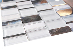 Glossy and Matte White With Aluminum Random Brick Rectangle Pattern Glass Mosaic Tiles