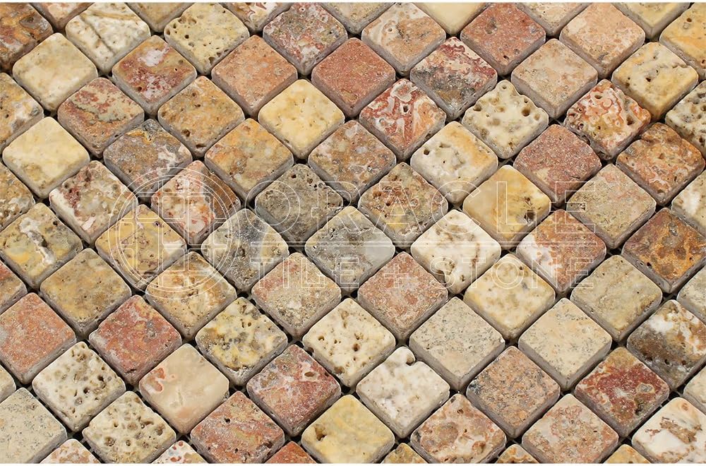 Scabos Travertine 1x1 Mosaic Wall Floor Tile Backsplash Tumbled for Kitchen Backsplash, Bathroom Shower, Accent décor, Fireplace