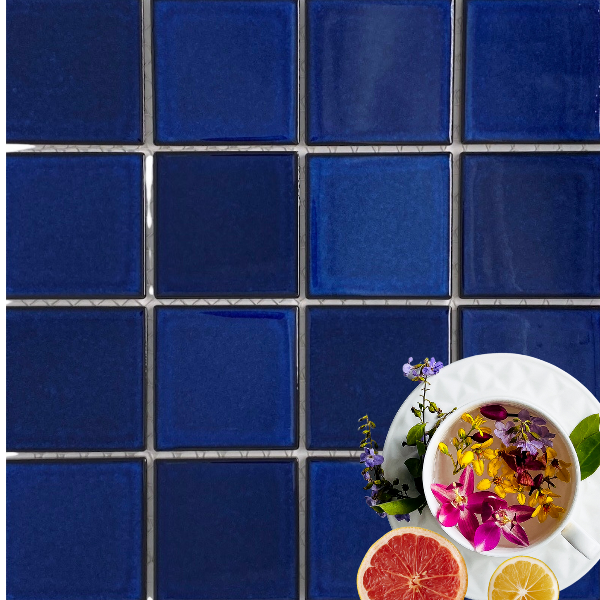 Tenedos 3x3 Cobalt Blue Square Pattern Porcelain Mosaic Floor Wall Tile On Mesh-Mounted, Decor