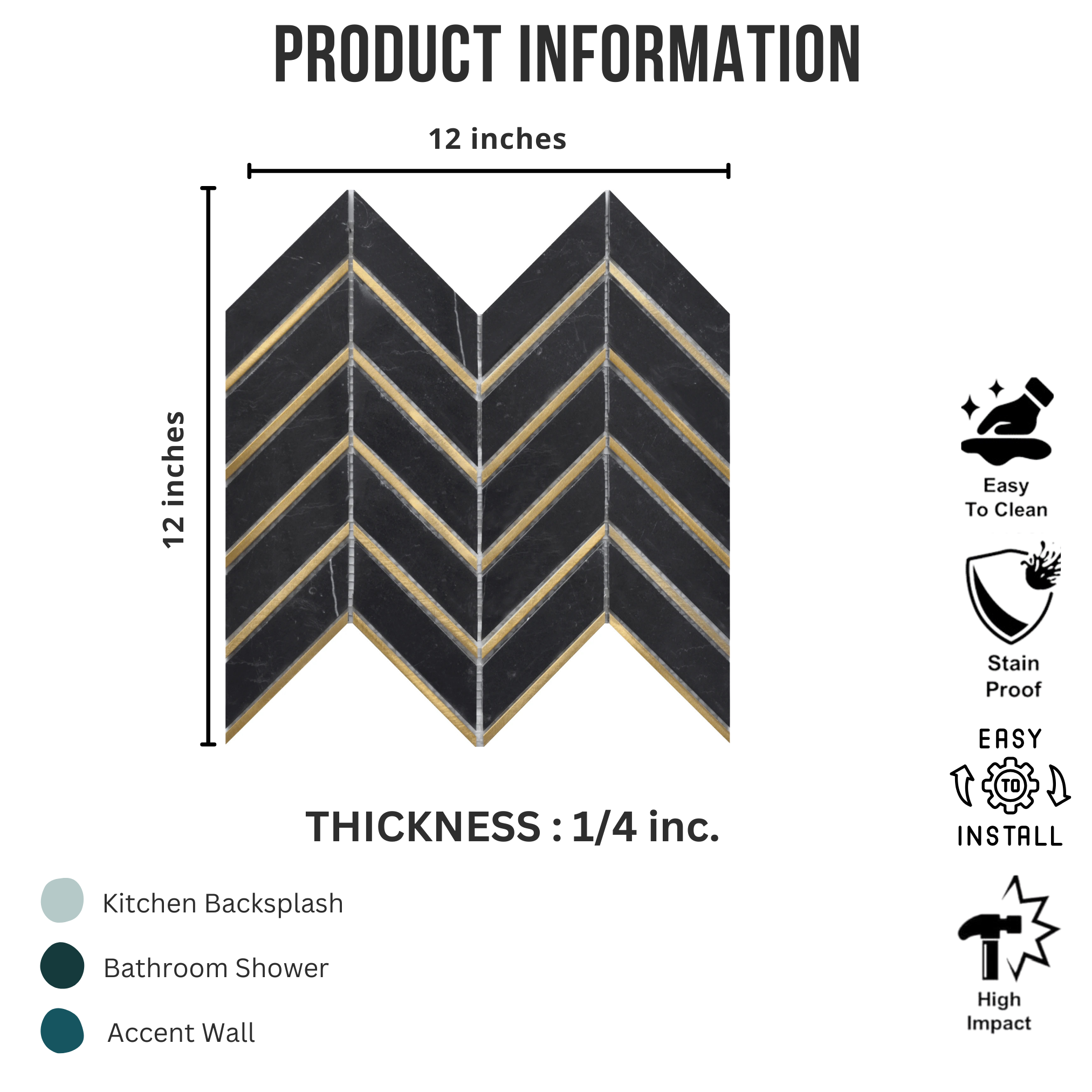 Tenedos HTCRC 12 x 12 Inch Nero Arrow Metal Mosaic Tile – Black Marble Look Chevron Pattern with Gold Metal Inlay, Luxury Wall Backsplash Bathroom Shower Accent Tile