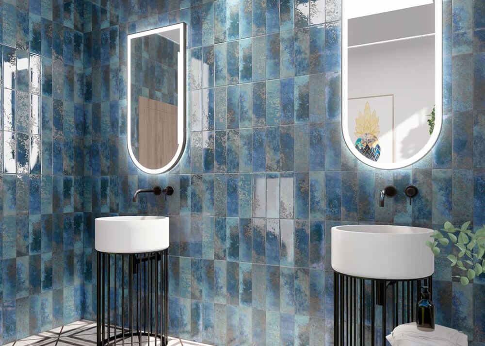 4x12 Earthy Brownish Cobalt Blue Ceramic Glossy Wall Subway Tile, Made in Spain