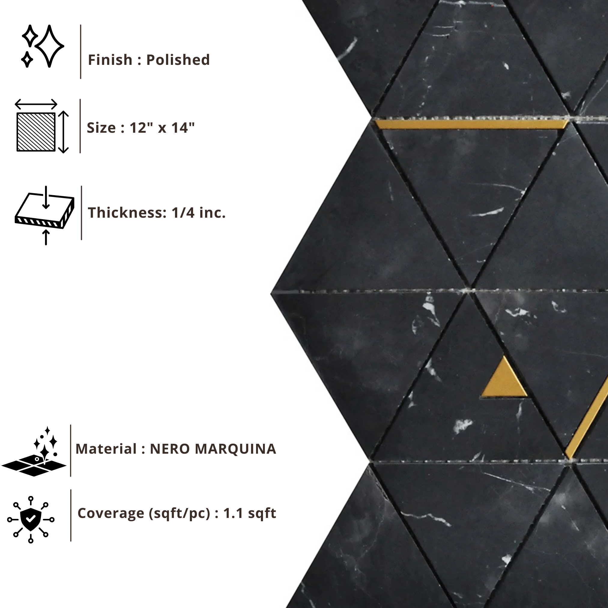 Tenedos HTCRC 12x14 Nero Marquina Triangle Mosaic Tile – Black Marble Look with Gold Metal Inlay, Floor & Wall