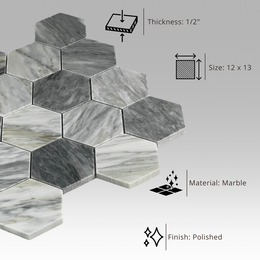 Tenedos Hematite Calacatta Hexagon Polished Marble Mosaic Tile-1 piece